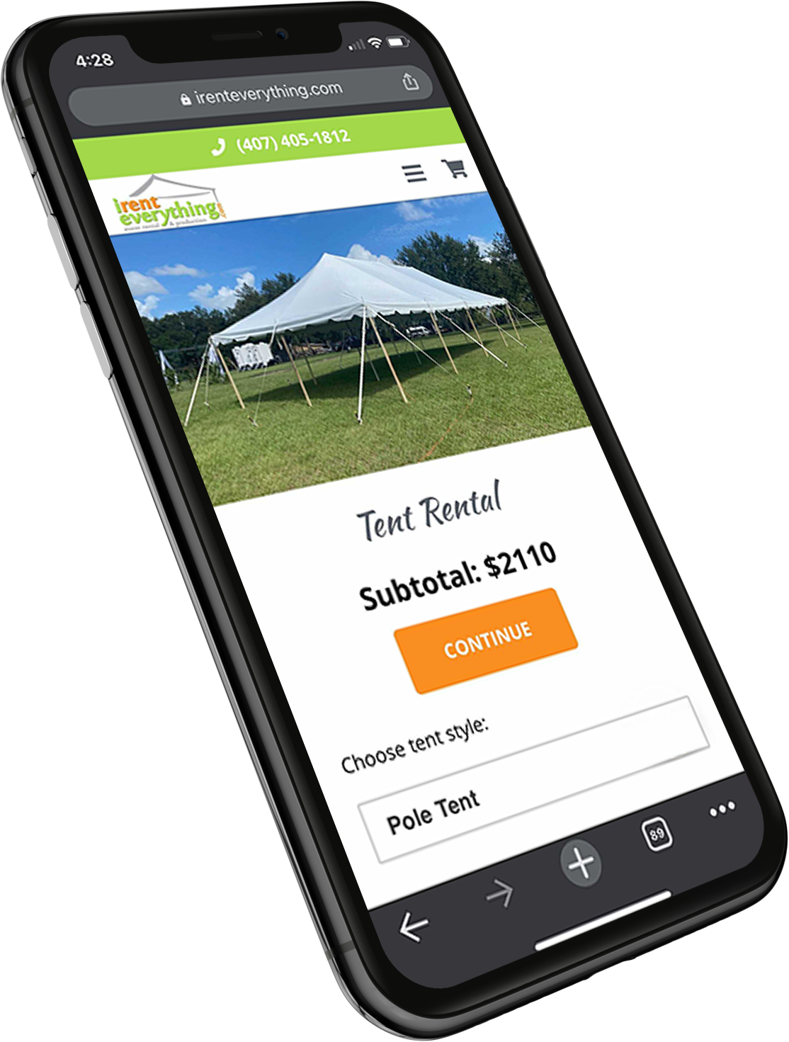 iPhone graphic showing the online tent rental tool