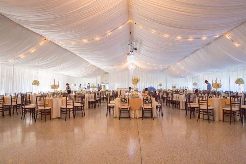 Banquet style seating at a wedding with fancy tables